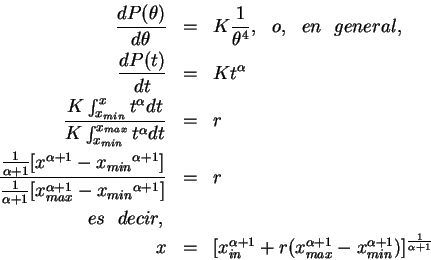 \begin{eqnarray*}
\frac{dP(\theta)} {d\theta} &=& K \frac{1}{\theta^4}, \ \ o, ...
...r(x_{max}^{\alpha+1} -
x_{min}^{\alpha+1})}]^\frac{1}{\alpha+1}
\end{eqnarray*}