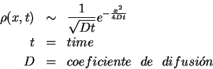 \begin{eqnarray*}
\rho(x,t) &\sim& \frac{1}{\sqrt{Dt}}e^{-\frac{x^2}{4Dt}} \\
t &=& time \\
D &=& coeficiente \ \ de \ \ difusi\'on
\end{eqnarray*}